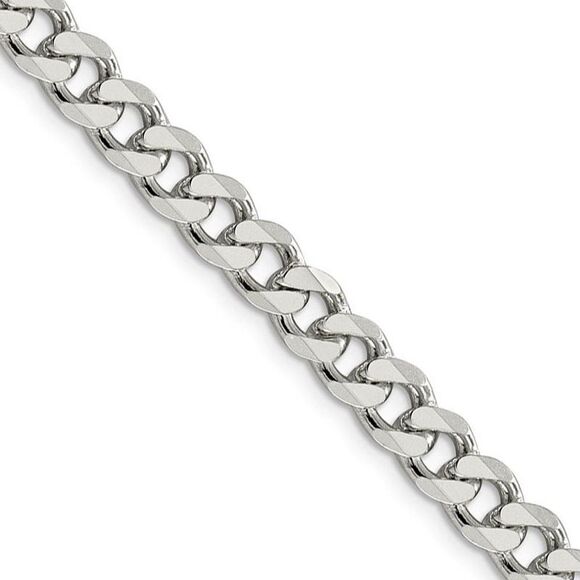 Men's 7mm Sterling Silver Solid Pave Curb Chain Necklace 22 Inch